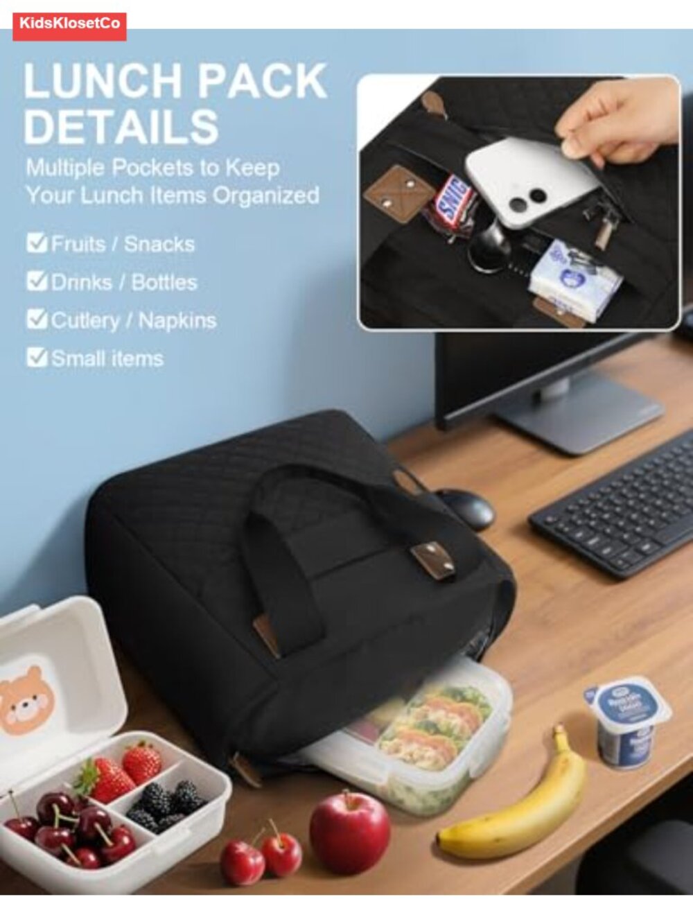 Insulated Lunch Tote Bag with Adjustable Shoulder Strap - Polyester - Picture 3 of 6